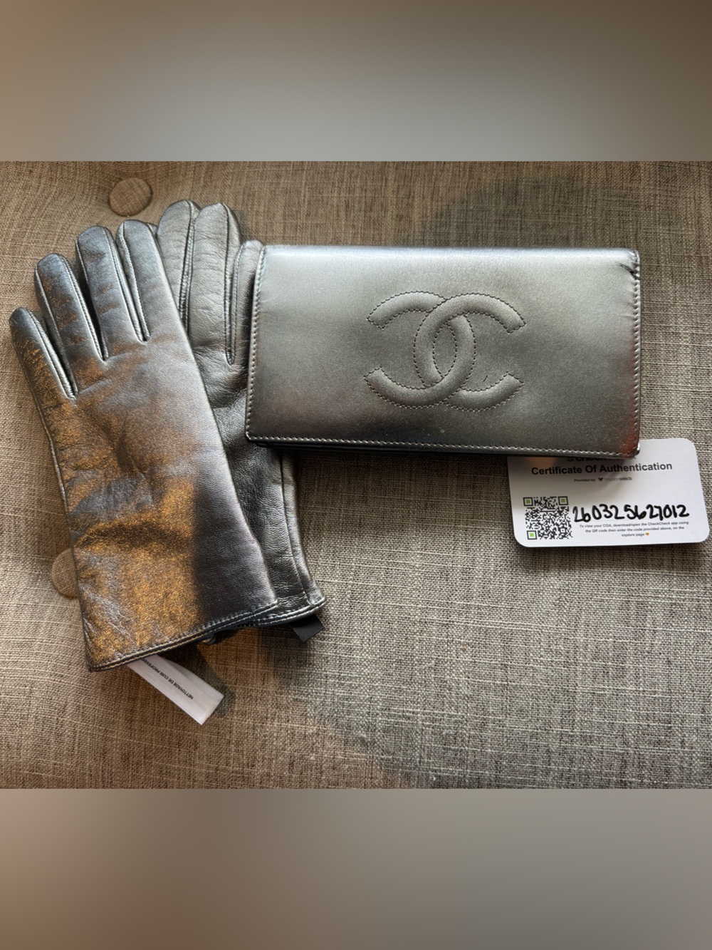 Chanel silver wallet large size and new silver leather gloves